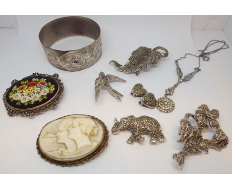 A collection of silver and marcasite brooches, cameo brooch, Italian micro mosaic brooch set in 800 standard silver and a hal