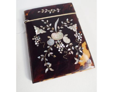 A Victorian Mother of Pearl inlaid tortoiseshell cigarette case 10cms tall  