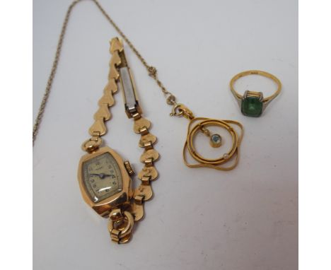 18ct gold green stone dress ring, 9ct gold aquamarine and pearl pendent and a ladies vintage rotary watch on gold plated stra