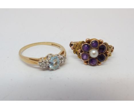 Victorian amethyst and pearl floral cluster ring and a modern 9ct yellow gold aquamarine and diamond ring 