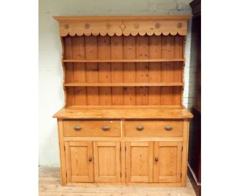 Late Victorian stripped pine kitchen dresser with shelf back, drawers and cupboards under 5'3" wide 