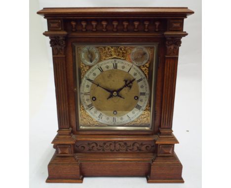 Edwardian chiming and striking bracket clock in walnut case with brass and silver dial with repeating movement 