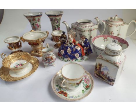 A collection of porcelain to include, 2 new Hall tea pots, Derby pastille burner, a figure group after Meissen and a tea cadd