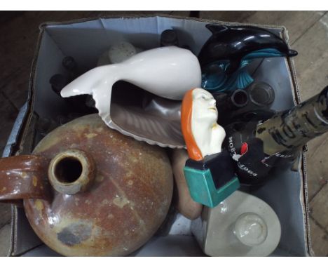 Qty of old bottles, stoneware jars, hot water bottle, champagne bottle, Poole Pottery etc. 