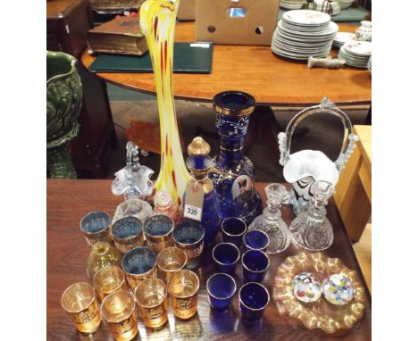 Blue and gilt Italian glass decanter, cocktail set, various other wine glasses, paper weights, flower baskets etc. 