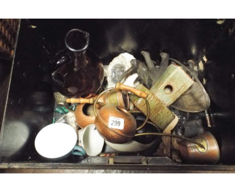 Small metal trunk, ornamental glass and china hippo ornament, various other items 