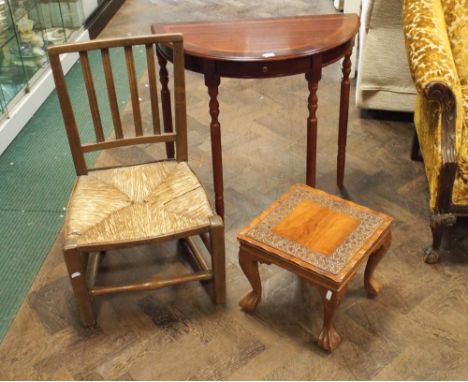 Reproduction mahogany console table, rush seat chair and a small carved coffee table 