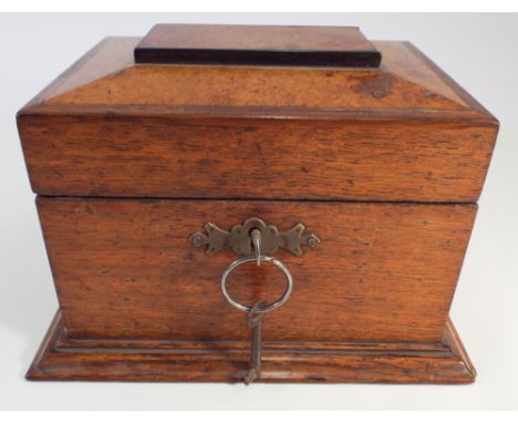 Victorian oak sarcophagus shaped trinket box with walnut top fitted with key 