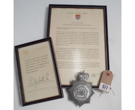 Paperwork relating to citation of police constable Michael John William Cooley for the award of the British Empire medal toge