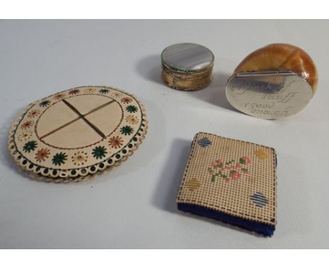 A shell snuff box with inscribed lid 'a pinch of snuff is good enough' 2 needle cases and an agate topped trinket box 