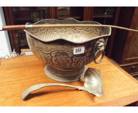 Large plated punch bowl with ladle and a riding whip 