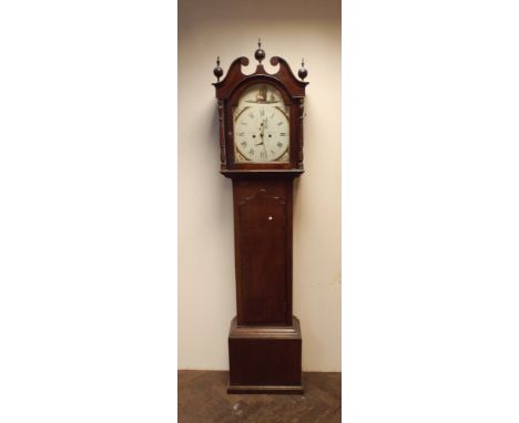 8 day grandfather clock in oak case with arched painted dial James Craw Montrose 