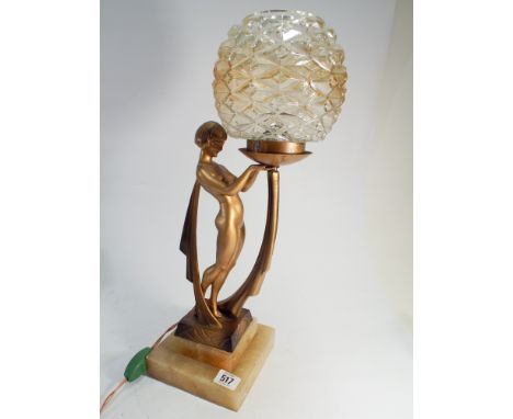 Art Deco painted spelter lady figure lamp base with signature Limousin on the back of the figure on a square alabaster base -