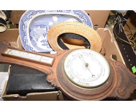 A group of collectible itemsTo include a large Staffordshire blue & white meat dish, a brass and copper tea caddy, a straw Bo