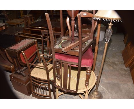 Ten items of assorted furniture to include various chairs, two lamp standards, tin trunk and sofa table. 