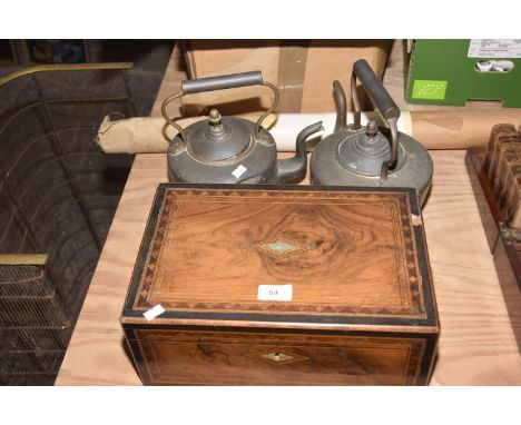 A Victorian burr walnut writing slope With inlaid marquetry, two copper stove kettles and an Ordnance survey map of Runcorn, 