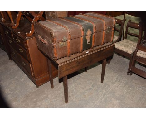 A Vintage slatted trunk and an oak drop leaf table. 