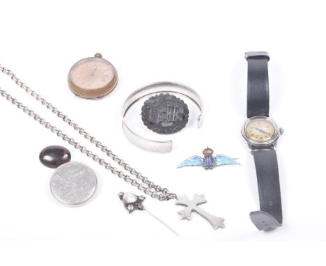 A selection of jewelleryTo include brooches, stick pins, a plated pocket watch and a Tavannes wristwatch. 