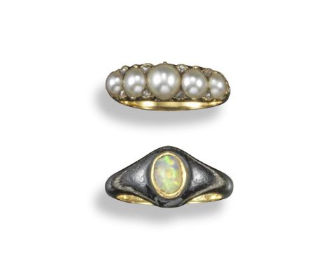 Two Victorian rings, including a gold ring set with five graduated half pearls, each separated with two rose-cut diamonds and