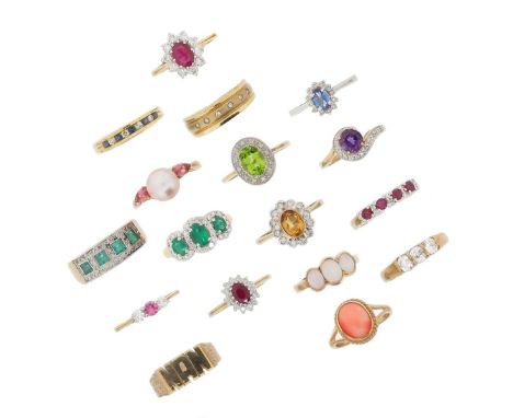 An assortment of seventeen gem-set and plain gold rings, including an emerald and diamond triple cluster ring, an amethyst an