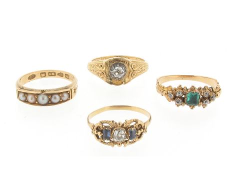 Four assorted 19th century rings, including a gold ring ornately set with an emerald and six shoulder diamonds, size O1/2. A 