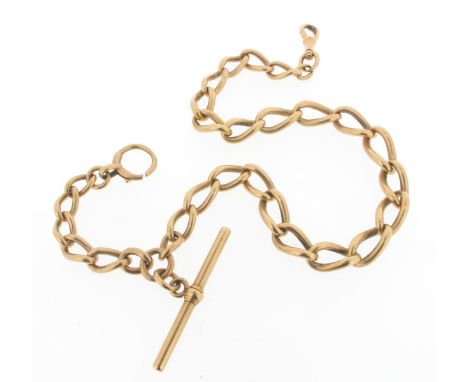 A gold curb-link watch chain, with gold T-bar terminal. 59g.