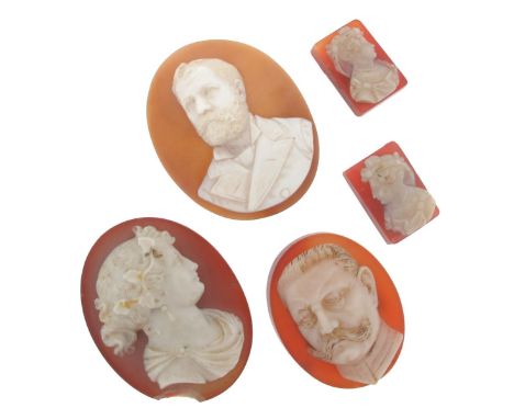 Two nineteenth century carved hardstone portrait cameos, depicting a lady and possibly Otto von Bismarck. A pair of smaller c
