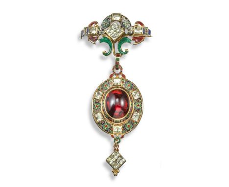 A 19th century Holbeinesque gold pendant, the central cabochon garnet is set within foliate decorated enamel borders interspe