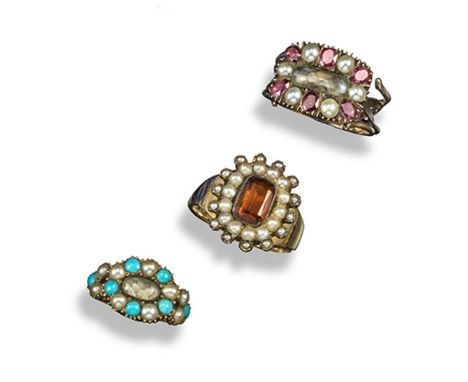 Three early 19th century rings, including a gold locket ring, alternately set with turquoise cabochons and seed pearls, centr