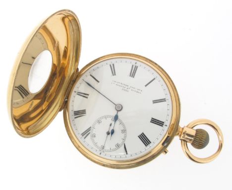 An 18ct gold half hunting cased stem-wind pocket watch by the Goldsmiths Company, blue enamel outer chapter ring with Roman N