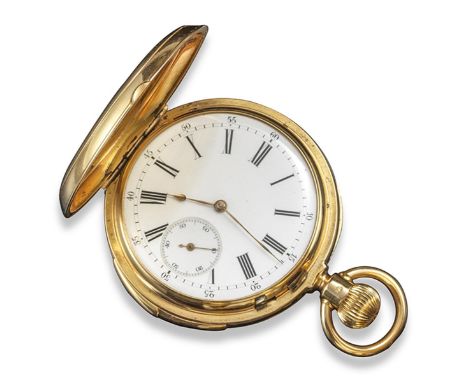 A gold open-faced quarter repeating pocket watch, the outer case with engine-turned decoration and black Roman numerals to th
