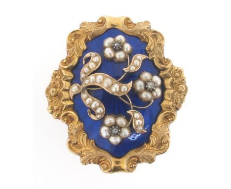 A late 19th century diamond enamel and seed pearl mounted gold brooch, designed as a spray of forget-me-nots with pearl flowe