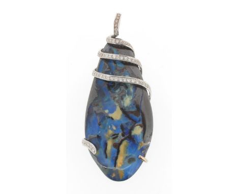 A boulder opal and diamond pendant, the elongated oval-shaped boulder opal is mounted within a spiral of circular-cut diamond