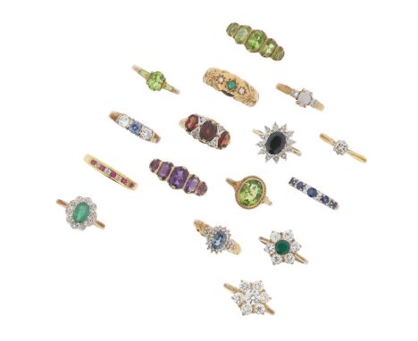 Sixteen gem set rings including: two sapphire and diamond cluster rings, two emerald and diamond cluster rings, a diamond sol