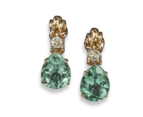 A pair of prasiolite, diamond and gold earrings by Sterlé, the large pear-shaped prasiolites suspend from a cushion-shaped di