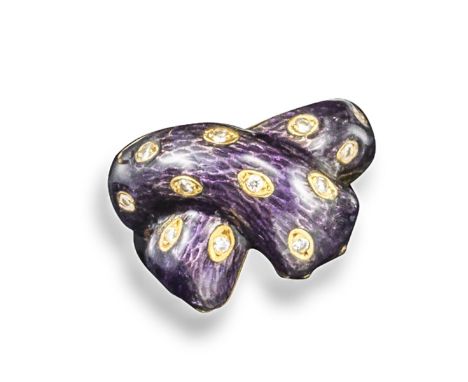 An enamel and diamond paws ring, designed as two crossed paws and decorated with purple guilloche enamel and circular-cut dia