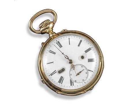 A gold open-faced pocket watch, white enamel dial with black Roman numerals. Subsidiary seconds dial and apertures for day an
