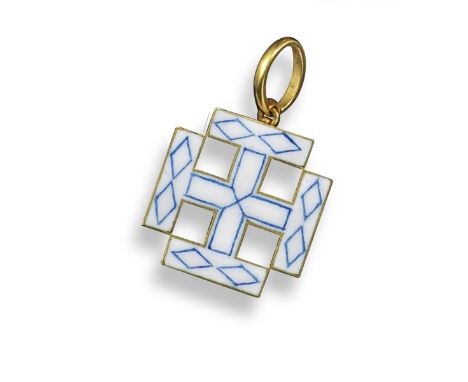 A gold and enamel cross pendant by Giuliano, with white and blue enamel decoration, applied with initials C&AG to reverse. 1.