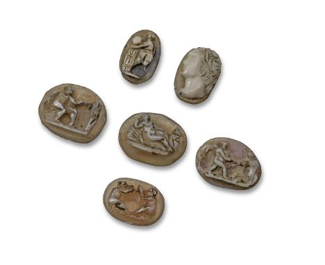 Six small assorted carved hardstone Renaissance cameos, depicting various Classical scenes and a profile portrait. 1cm high -
