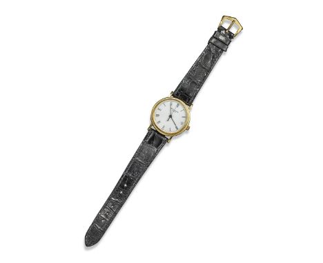 A gentleman's gold wristwatch by Patek Philippe, the plain signed white dial with black Roman numerals and black baton hands,