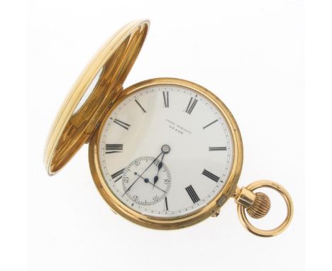 An 18ct gold half hunting cased stem-wind pocket watch by John Walker, blue enamel outer chapter ring with Roman numerals, th