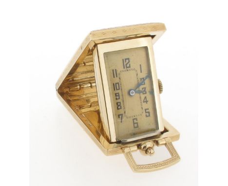 A gold fob watch by Eszeha, in gold rectangular case chased with engine turned decoration. Hinged to reveal when opened the r