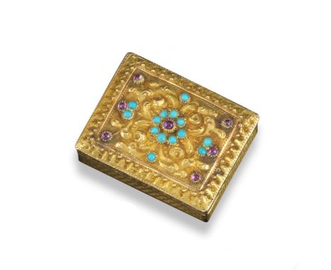 A Regency ruby and turquoise mounted gold vinaigrette, the cover chased with a scrolling quatrefoil motif and mounted with tu