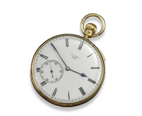 An 18ct gold open-faced stem-wind quarter repeater pocket watch by Dent, the signed white enamel dial with black Roman numera