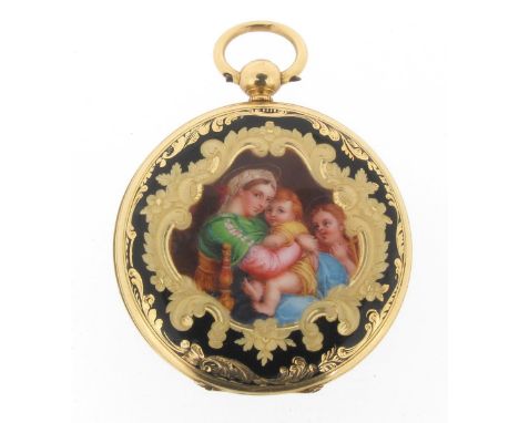 A lady's gold open faced pocket watch, with black Roman numerals on a gold-coloured dial. Key wind. The case with black ename