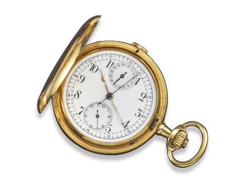 A gold hunting cased chronograph pocket watch, white enamel dial with black Arabic numerals, subsidiary seconds dial and powe