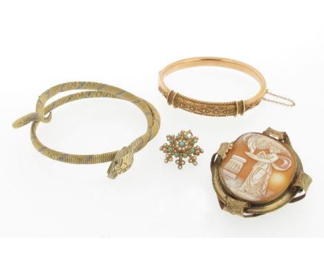 A 19th century 15ct gold bangle, with ropetwist and pellet decoration. An Edwardian seed pearl and turquoise gold brooch-pend