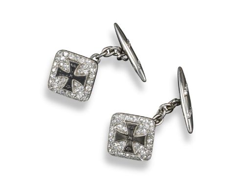 A pair of early 20th century Iron Cross cufflinks, each square link is pavé-set with old circular-cut diamonds and millegrain