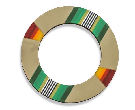 An acrylic bangle circa 1975, with polychrome stripes and beige enamel sandwiched onto a section of amber coloured acrylic. 7