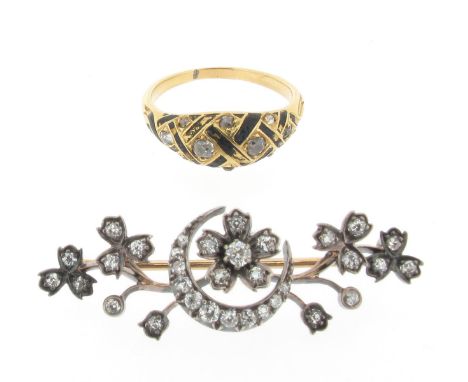 A Victorian diamond-set foliate bar brooch, centred with a flowerhead within a closed crescent, and set overall with graduate